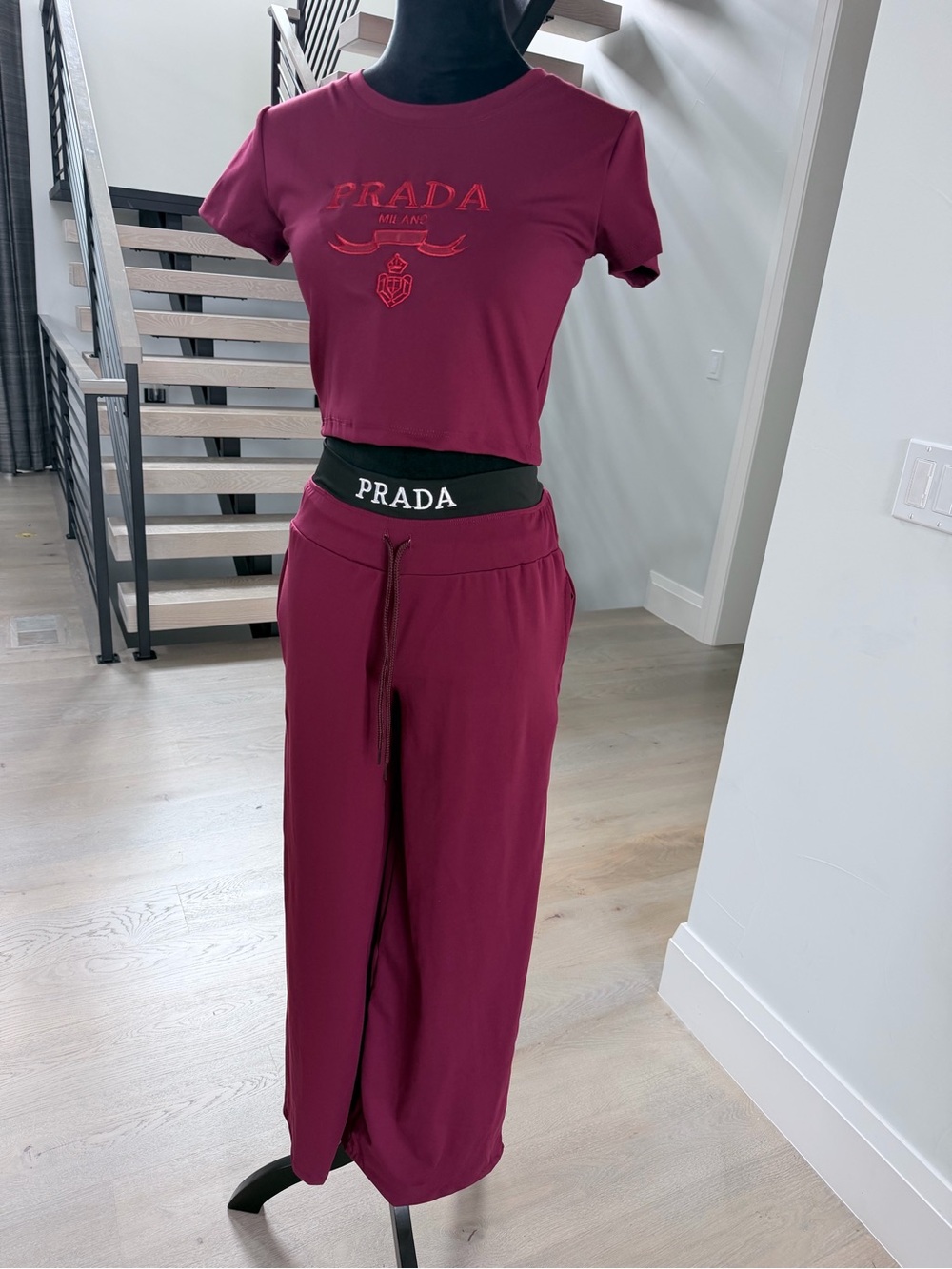 Burgundy Lounge Pants & Crop Tee Set size S - Picture 6 of 13